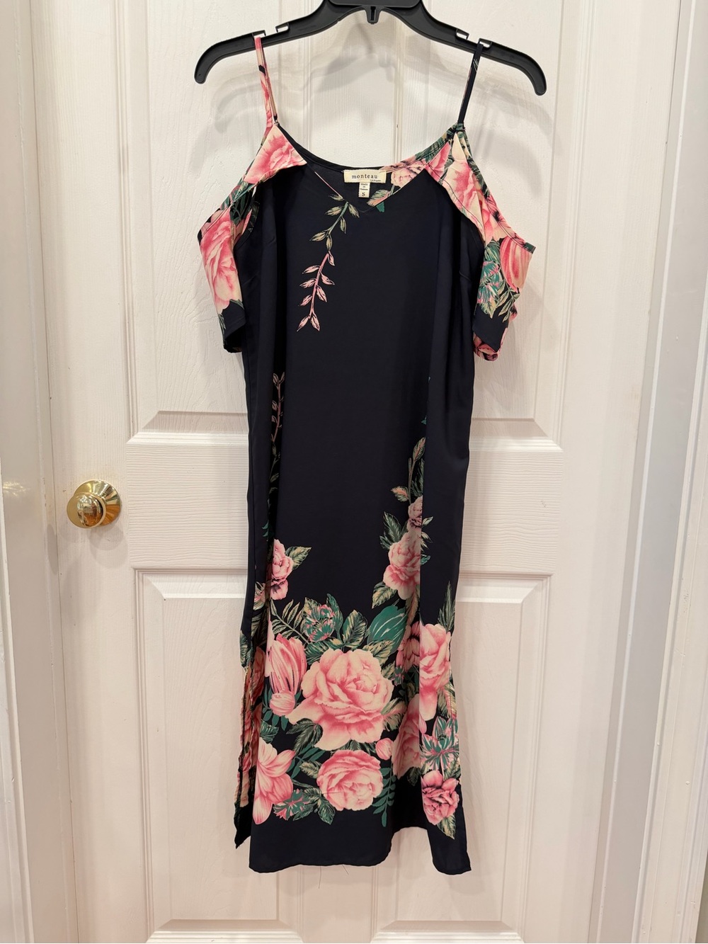Monteau Navy Cold-Shoulder Midi Dress with Pink Rose Print